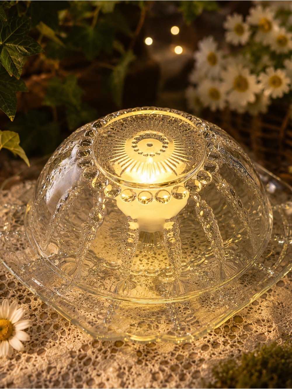 B&W Redneck Fairy Lamp Atomic Pearls Glass Bowl & Plate Clear Vintage